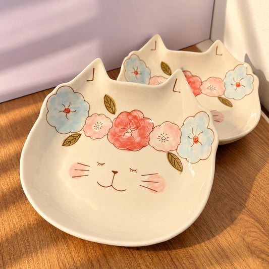 Hand-Painted Floral Crown Cat Ceramic Dessert Plate, 7.5-Inch