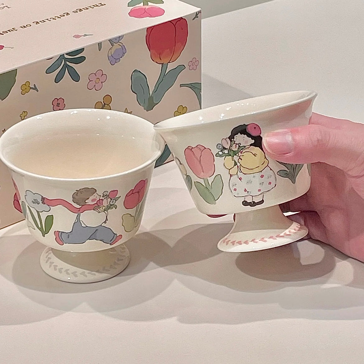 Cute Couple Ceramic Dessert Cups – Gift Box Included