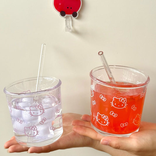 Kitty Short Glass Tumbler with Glass Straw – 400ML