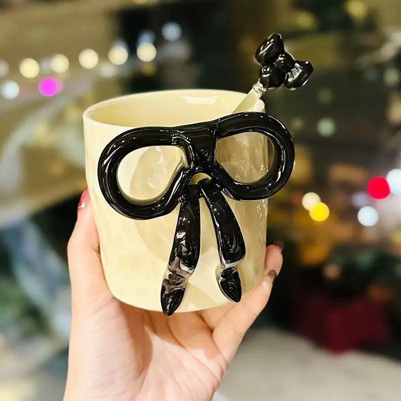 Cute Bow Handle Ceramic Mug with Spoon - 300ML