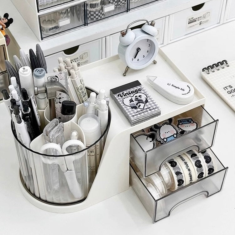 Cream-Colored Rotating Pen Holder with Storage Drawers - 360-Degree Spin, Desk Organizer