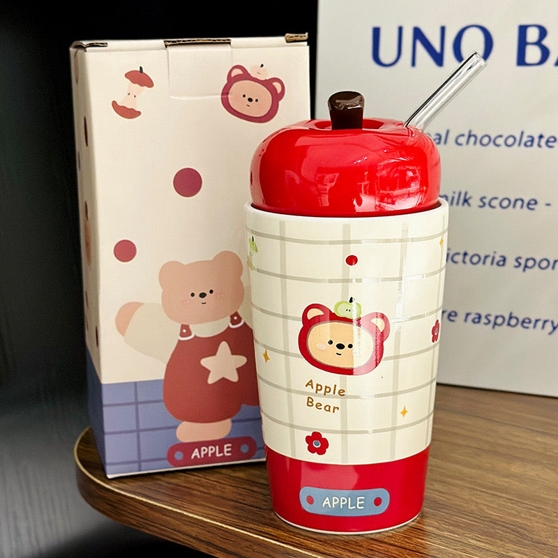 Apple Bear Ceramic Straw Cup – 450ML Mug with Apple Lid, Leakproof & Microwave Safe
