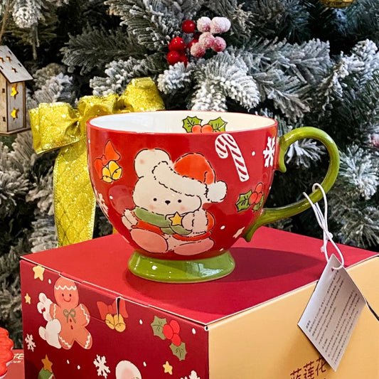 Hand-painted Christmas ceramic mug with Santa bear in red and snowman in navy blue, 500ML