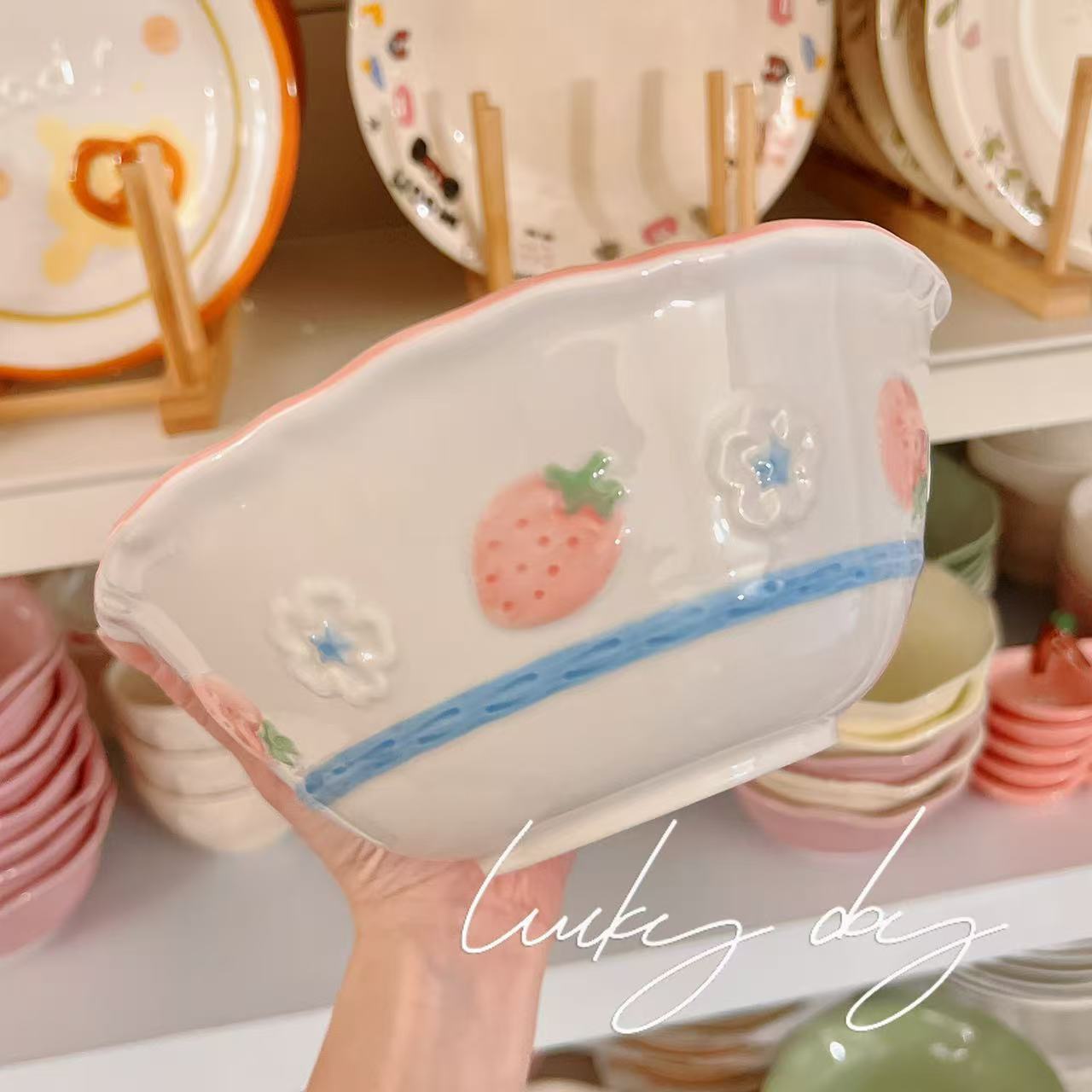 Pink Strawberry Ceramic Large Soup Bowl – 1100ML Capacity