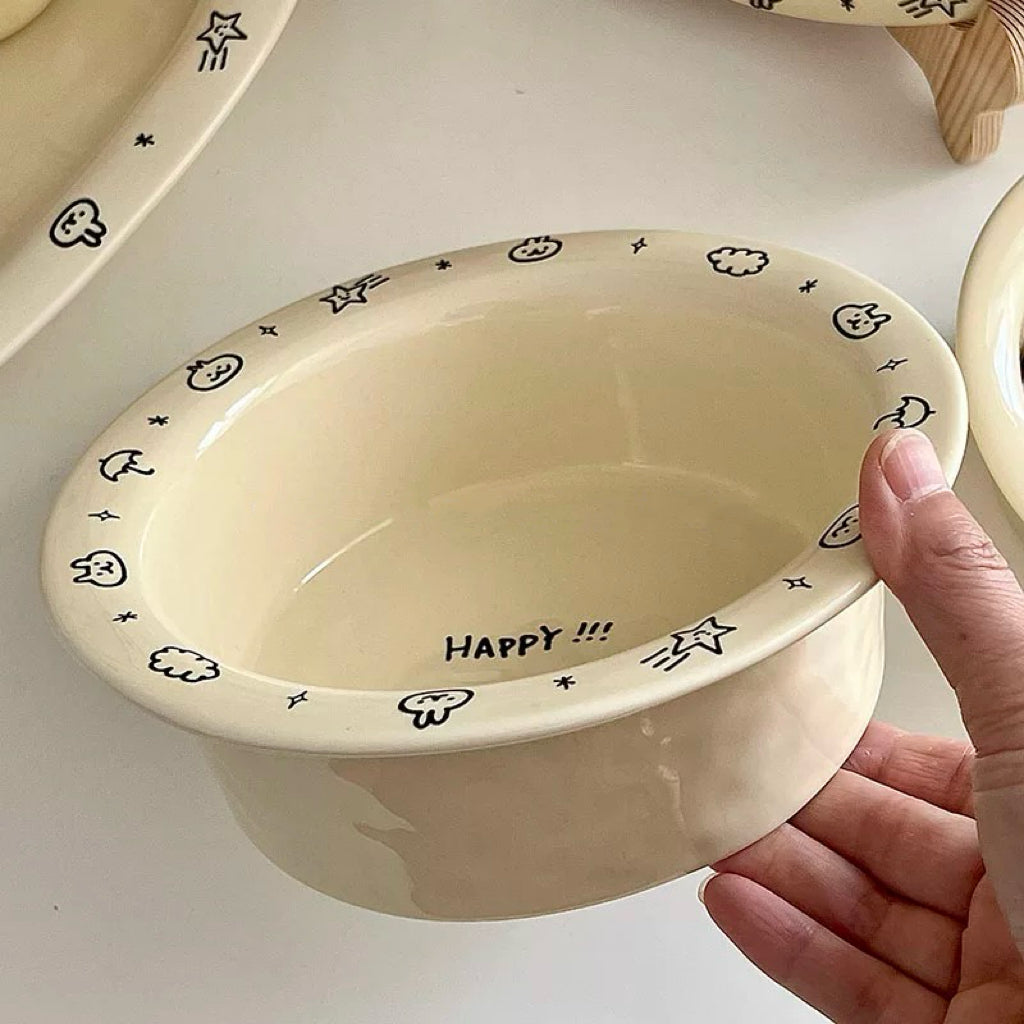 Creamy Doodle-style Ceramic Bowl - 330ML & 730ML