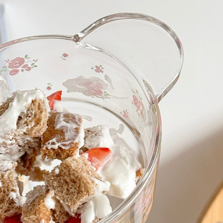 Glass Yogurt Bowl with Handle - Charming Design with Pink Flowers and Bows, Ideal for Yogurt and Salads