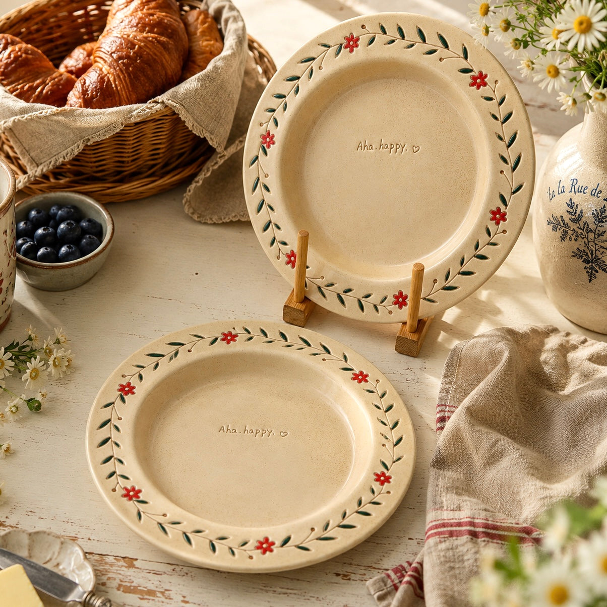 Hand-Painted Floral Matte Ceramic Pasta Plate, 8.4-Inch