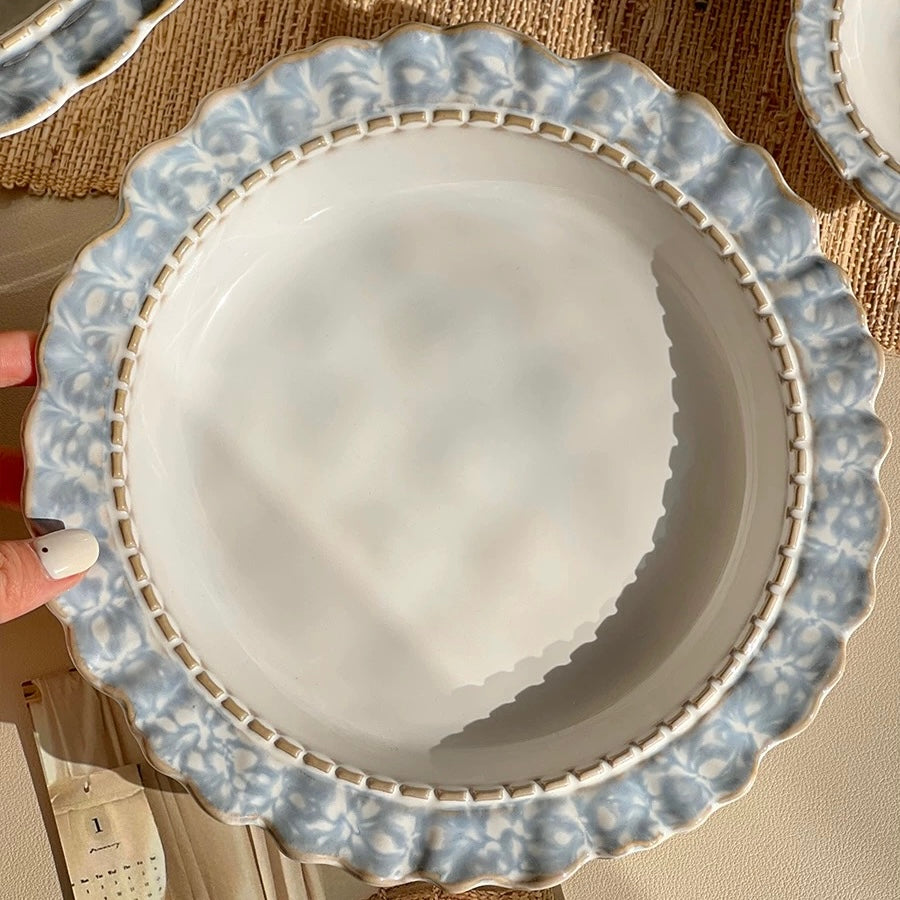 Vintage Smoky Blue Series Dinnerware Set – Rustic Ceramic Plates & Bowls