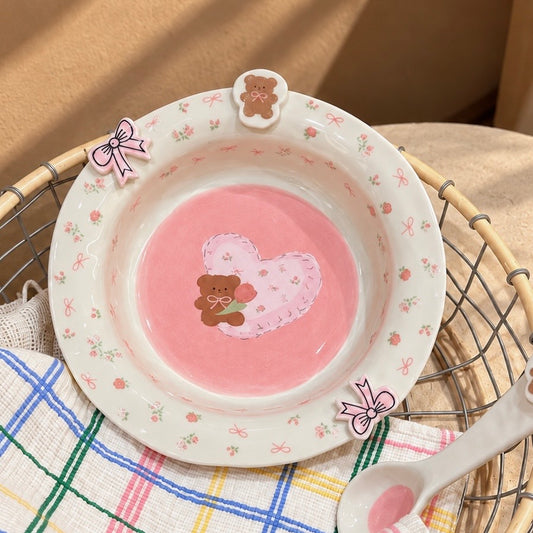 Floral Heart Bear Ceramic Deep Plate – 8-Inch