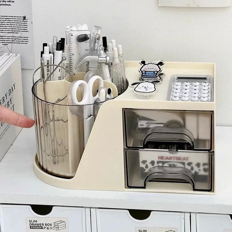 Cream-Colored Rotating Pen Holder with Storage Drawers - 360-Degree Spin, Desk Organizer