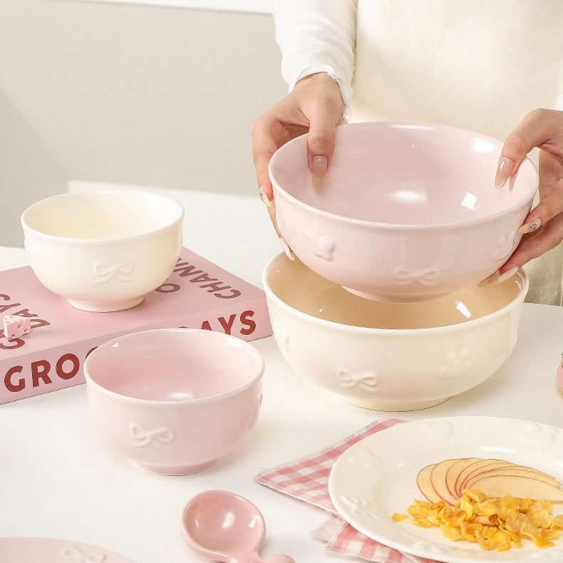 Embossed Bunny Ceramic Dinnerware Set | Pastel Pink & Cream White Tableware