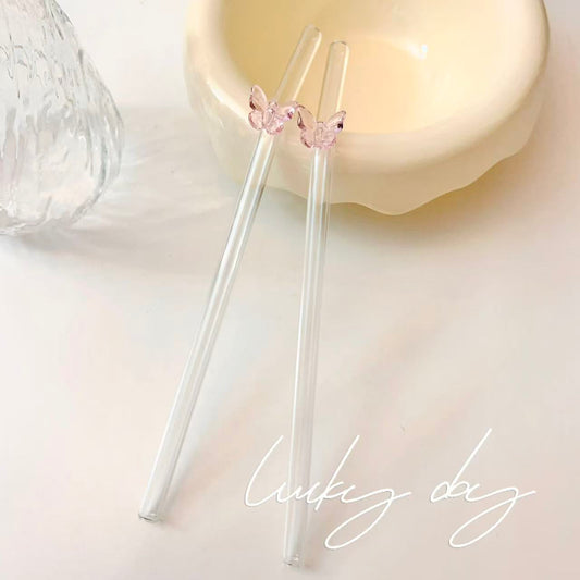 Reusable Pink Butterfly Glass Straw