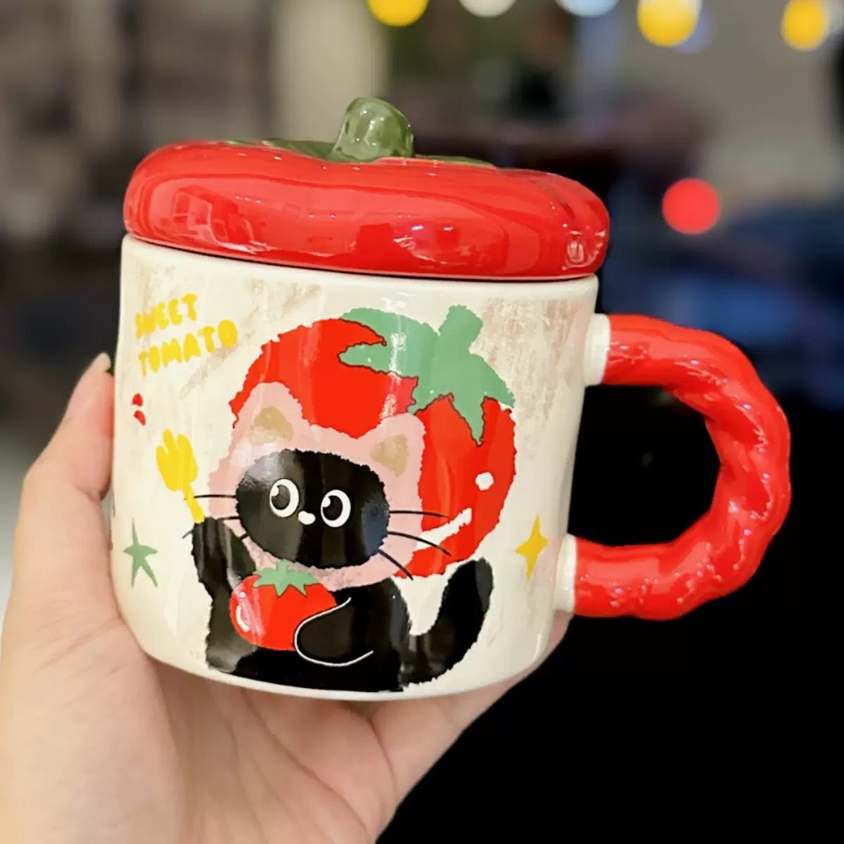 Tomato Lid Ceramic Mug with Cute Animal Design – 350ML
