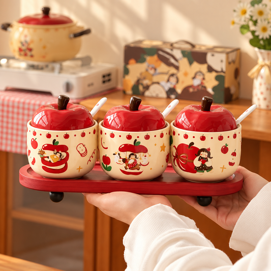Apple Girl Ceramic Spice Jar Gift Set with Wooden Tray – Set of 3