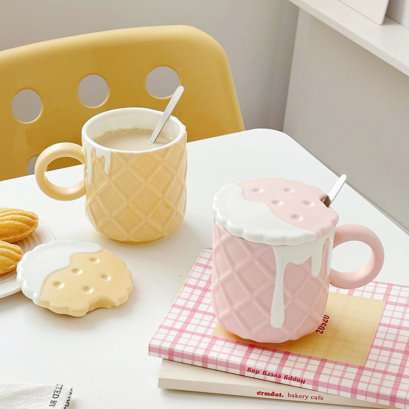 Ice Cream Cone Ceramic Mug with Cookie Lid and Spoon | 420ML Large Capacity