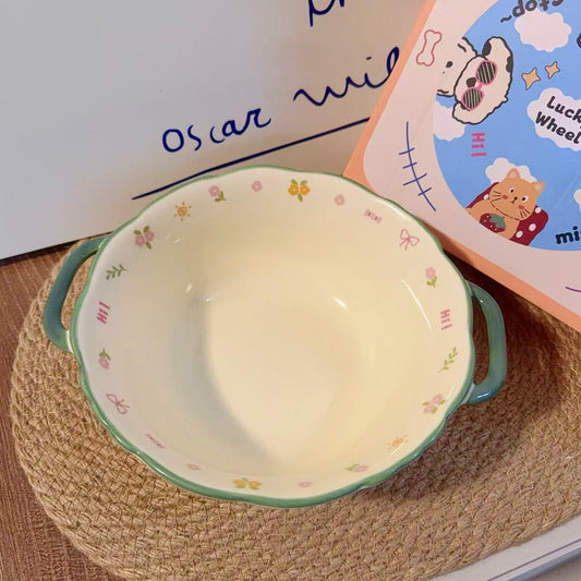 Floral Black Bear Ceramic Soup Bowl with Handles - 900ML