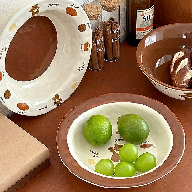 Brown Bear Hand-Pinched Ceramic Plate – 8.25 Inch Deep Dish for Soups and Salads