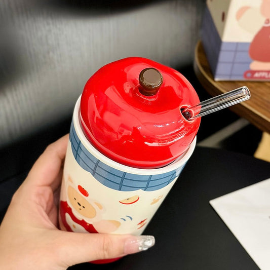 Apple Bear Ceramic Straw Cup – 450ML Mug with Apple Lid, Leakproof & Microwave Safe