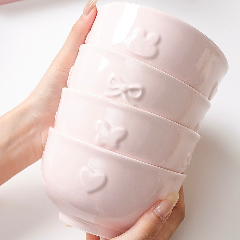 Embossed Bunny Ceramic Dinnerware Set | Pastel Pink & Cream White Tableware