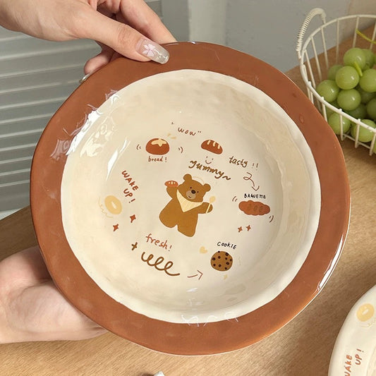 Brown Bear Hand-Pinched Ceramic Plate – 8.25 Inch Deep Dish for Soups and Salads