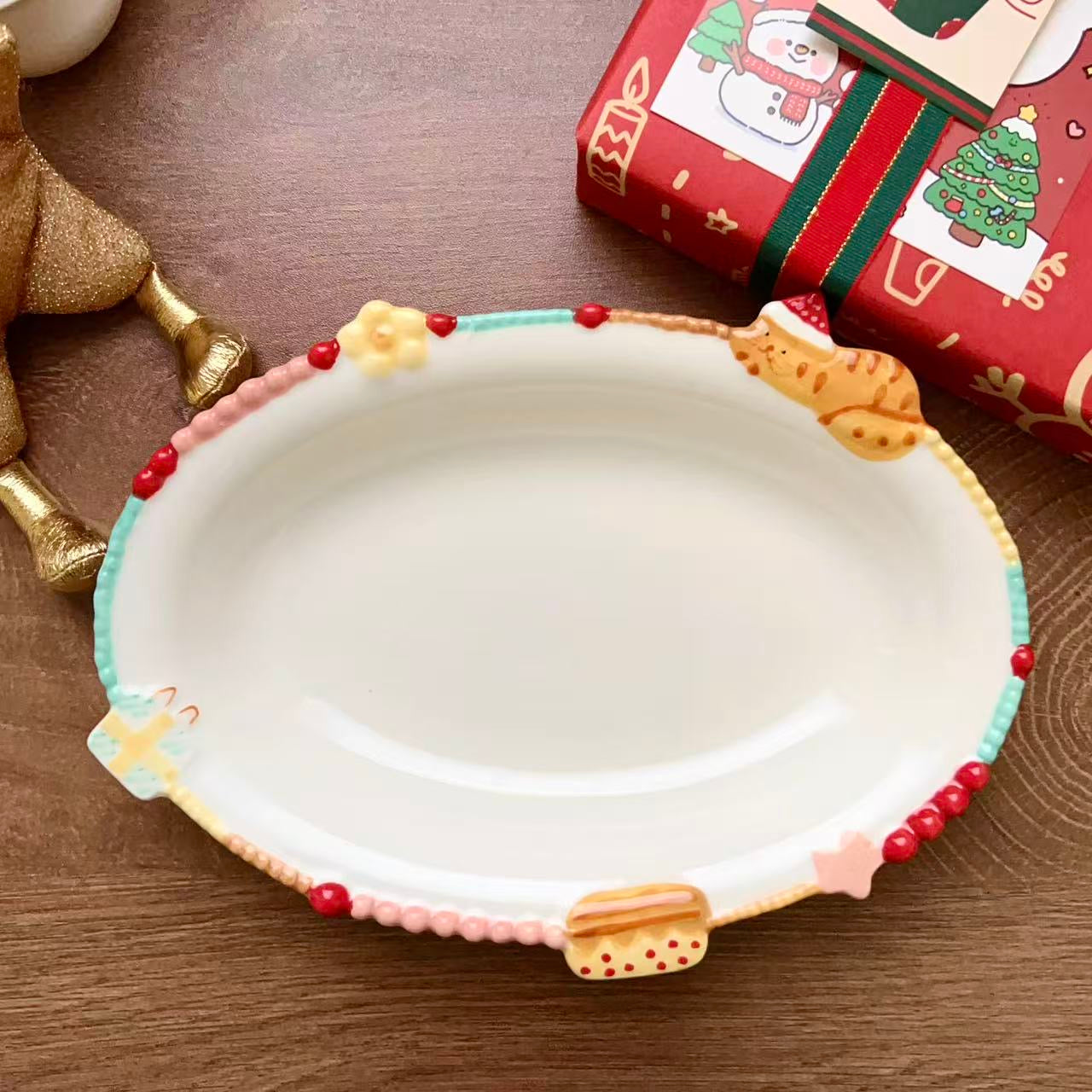 Colorful Kitty Ceramic Oval Dessert Plate, 8.7-Inch | Christmas Gift