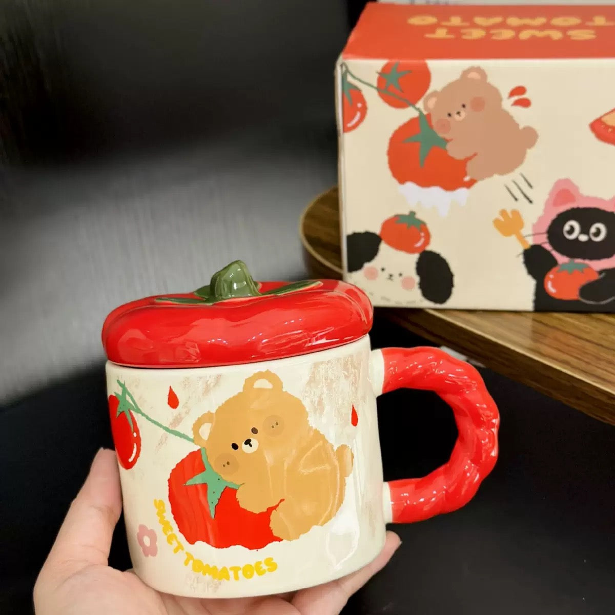 Tomato Lid Ceramic Mug with Cute Animal Design – 350ML