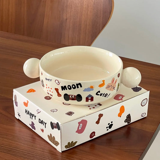 Moon Dog doodle round noodle bowl with cute ball handles and matching gift box
