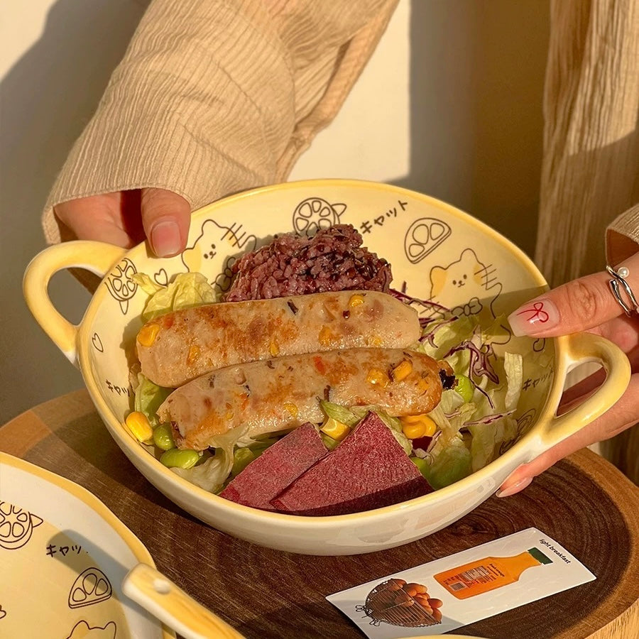 Lemon Cat Double-Handle Ceramic Bowl with Spoon | 800ml Salad & Pasta Bowl