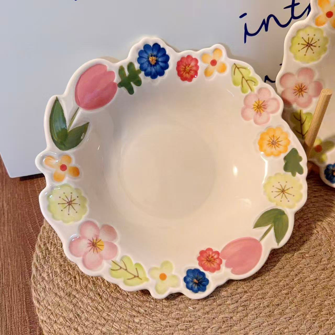 Hand-Painted Vintage Floral Ceramic Deep Plate, 9.3-Inch