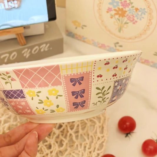 Vintage Floral Patchwork Ceramic Yogurt Bowl - 450ML