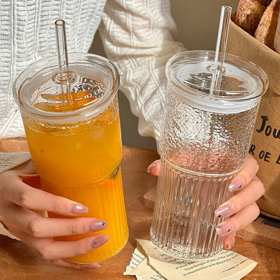 Hammered Texture Glass Cup with Straw, 600ML Capacity