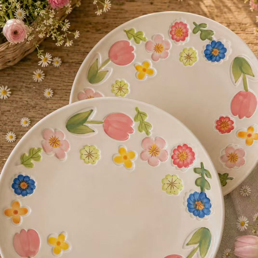 Hand-Painted Vintage Floral Ceramic Serving Plate, 10-Inch