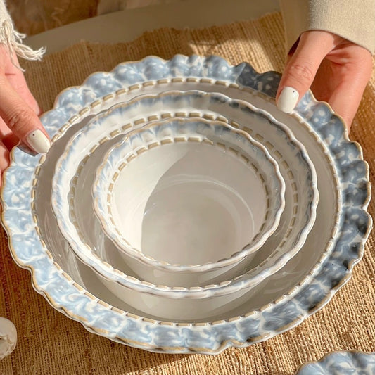 Vintage Smoky Blue Series Dinnerware Set – Rustic Ceramic Plates & Bowls