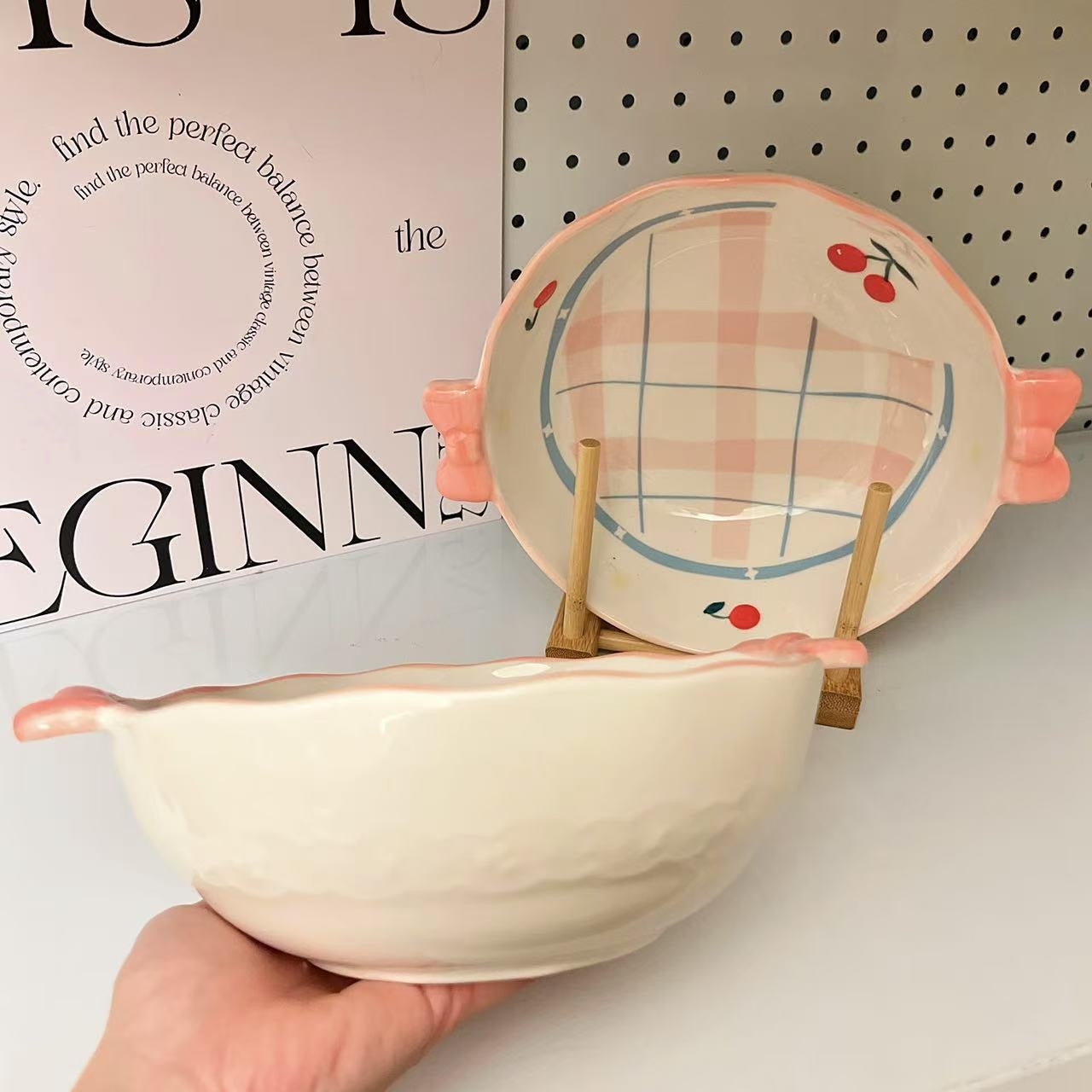 Pink Bow Large Ceramic Soup Bowl – 1100ML Double-Handle Deep Bowl for Soup & Noodles