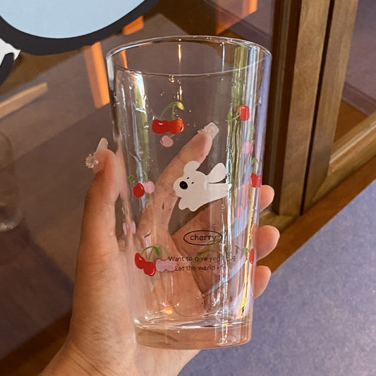 Cherry & Blueberry Puppy Glass Mug – Cute 450ml Large Capacity Drinking Cup