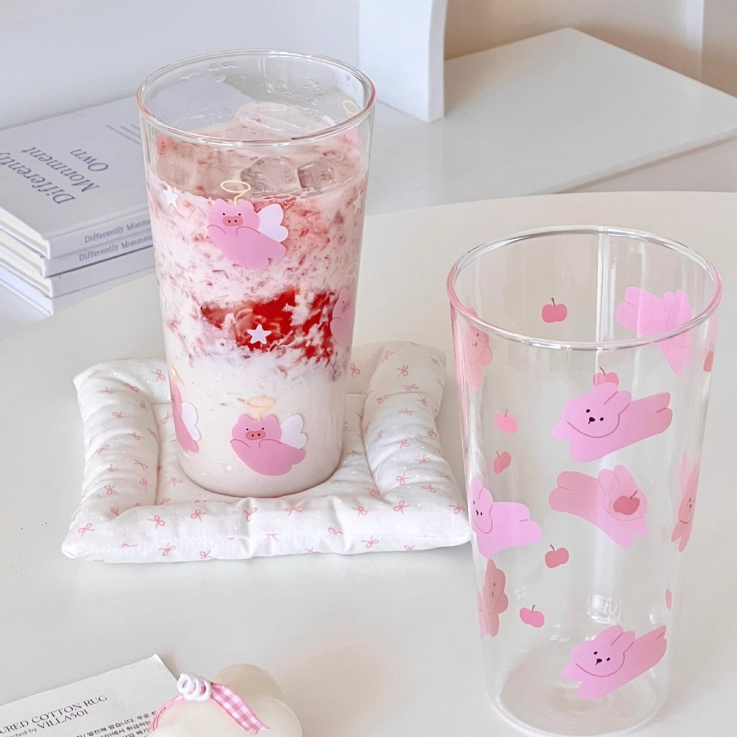 Pink Pig & Bunny Tall Glass Cup – 450ML Capacity
