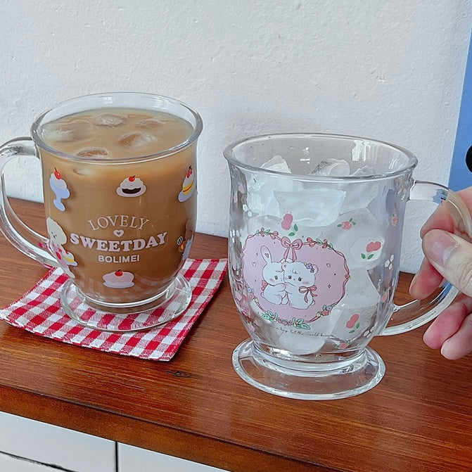 Pink Heart Glass Mug with Handle, 450ML Capacity