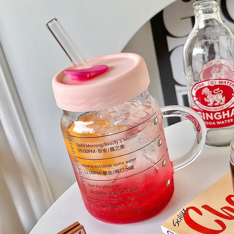Time-Marked Glass Cup with Lid and Straw, 800ML Capacity