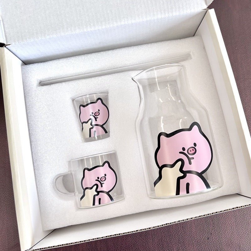 Cute Piggy Glass Pitcher Set – Cute 4-Piece Gift Box
