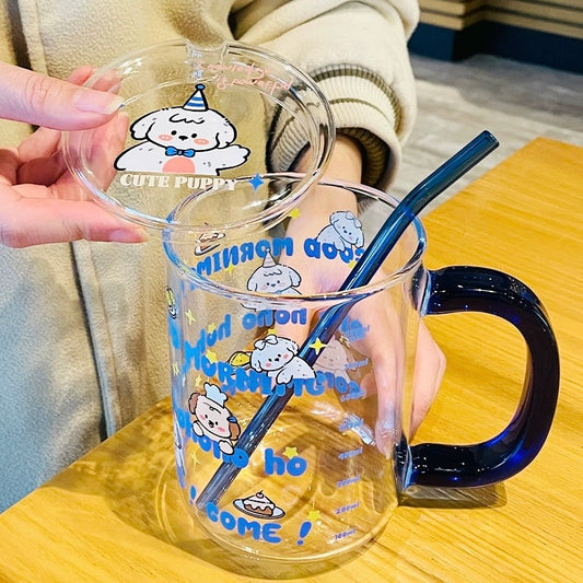 Morning Puppy Glass Cup with Straw – 800ML Capacity