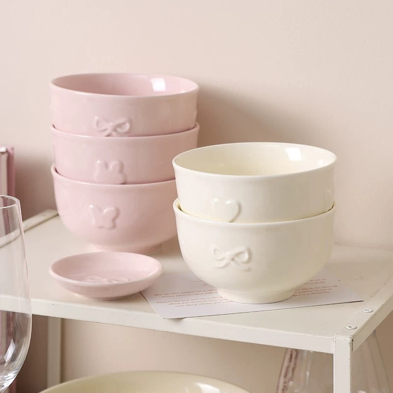 Embossed Bunny Ceramic Dinnerware Set | Pastel Pink & Cream White Tableware