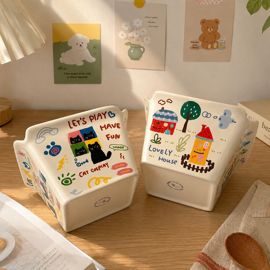 Kawaii Doodle Square Ceramic Snack Bowl – 800ML