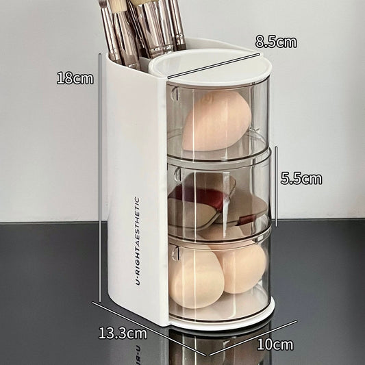 Rotating Makeup Brush and Sponge Organizer – Compact 3-Tier Storage Box
