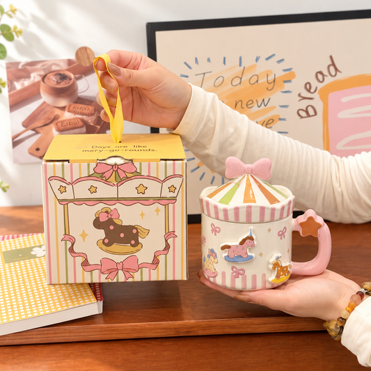 Cute Carousel Ceramic Mug with Lid - 300ML