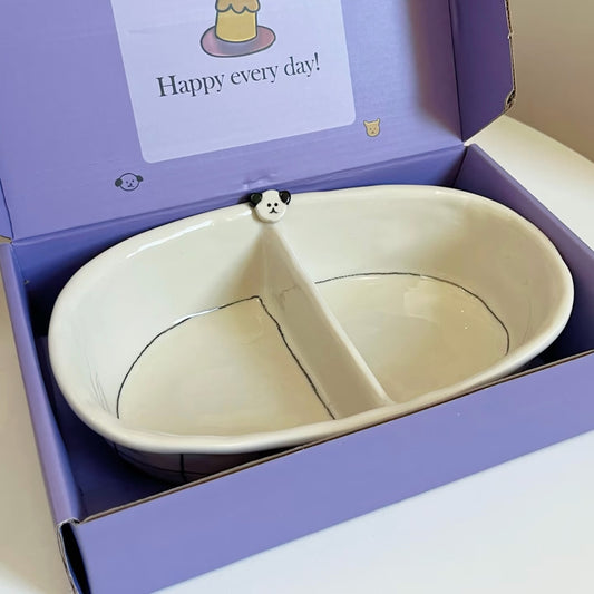 Hand-Painted Button Puppy Ceramic Divided Plate, 9.4-Inch