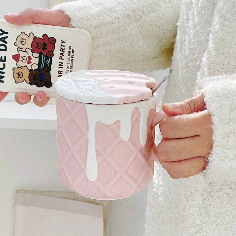 Ice Cream Cone Ceramic Mug with Cookie Lid and Spoon | 420ML Large Capacity