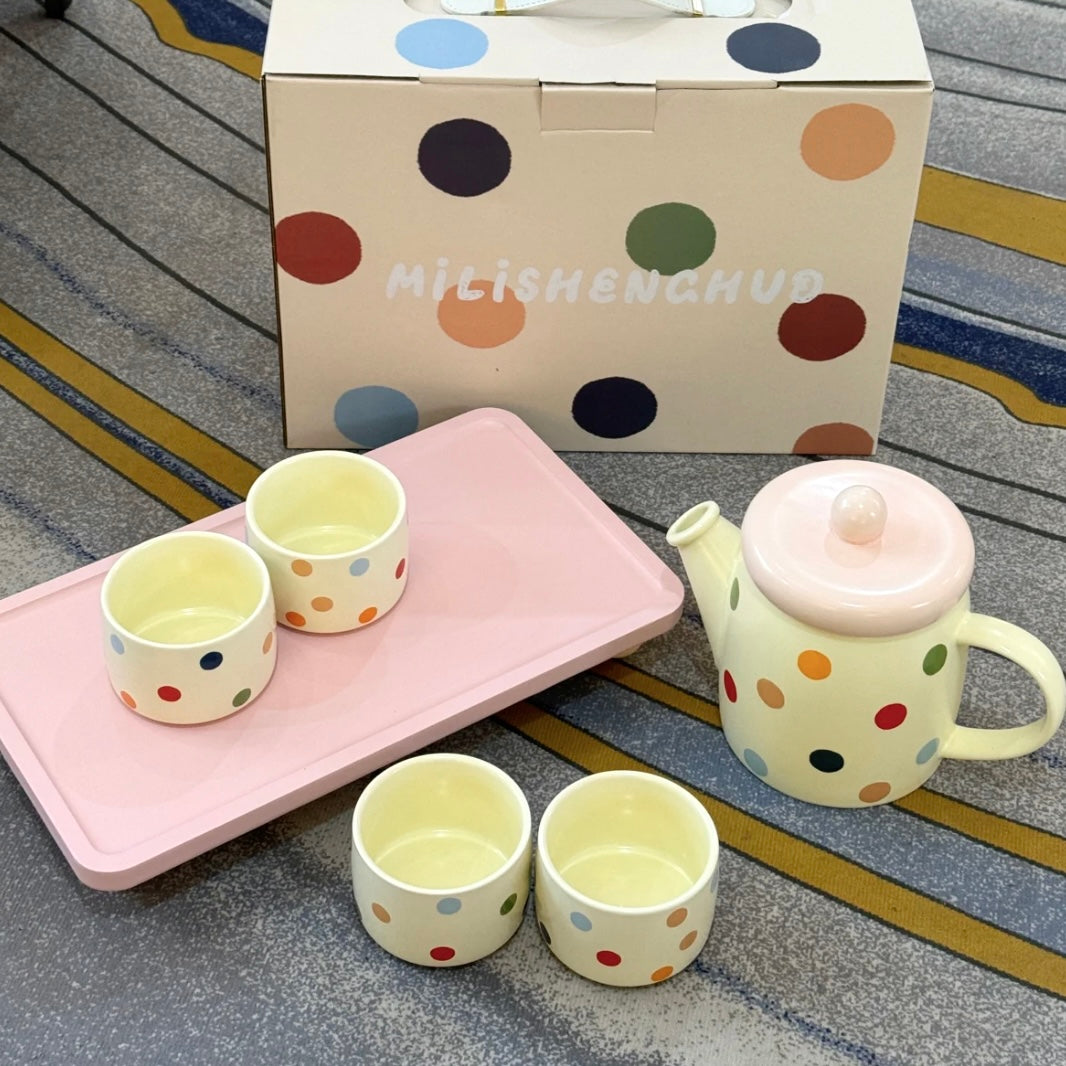 Colorful Polka Dot Tea Set Gift Box – 1 Teapot & 4 Cups with Wooden Tray, Perfect for Gifting