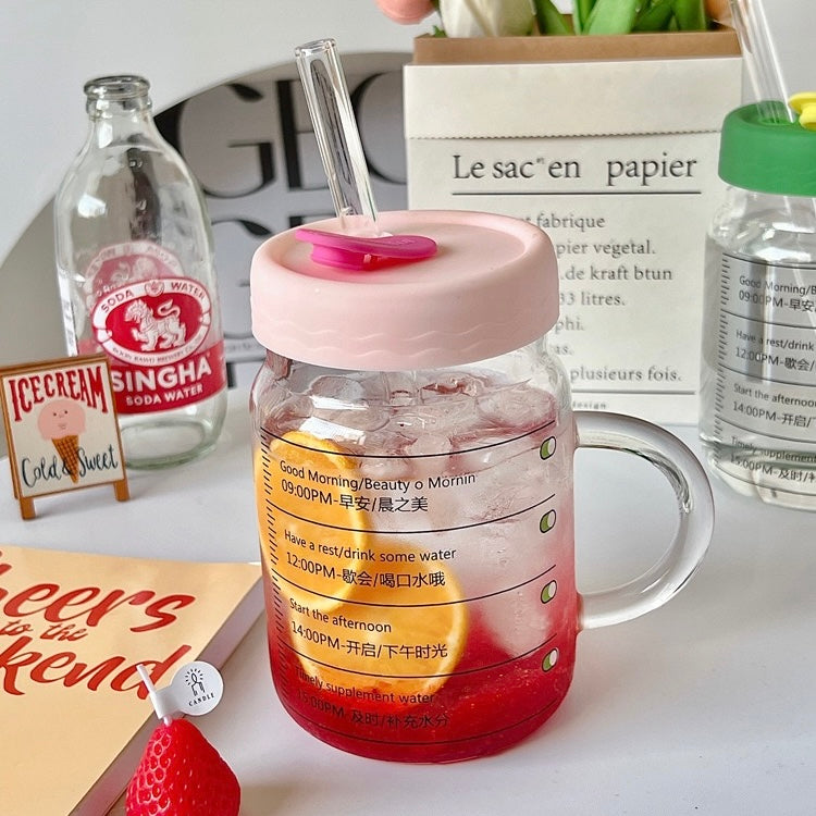 Time-Marked Glass Cup with Lid and Straw, 800ML Capacity