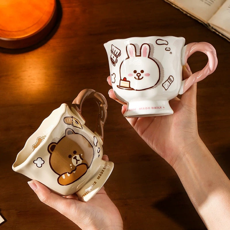 Brown Bear & Cony Bunny Ceramic Mug | Vintage-Inspired Coffee Cup, 400ML Capacity