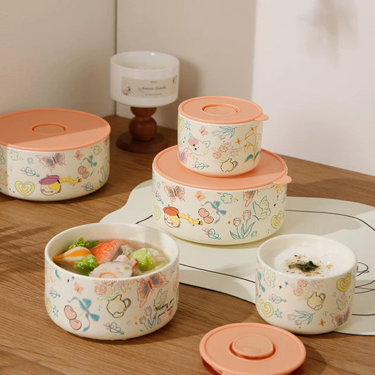 Crayon Doodle Ceramic Storage Bowl with Lid - Cute and Versatile Design, Multiple Sizes